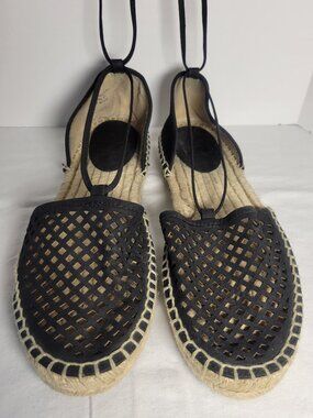 Frye Black Leather Perforated Lace Up Espadrille Flats Women's 8.5M